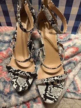 Kelly & Katie Black and White Snake-Print Ankle-Strap Heels